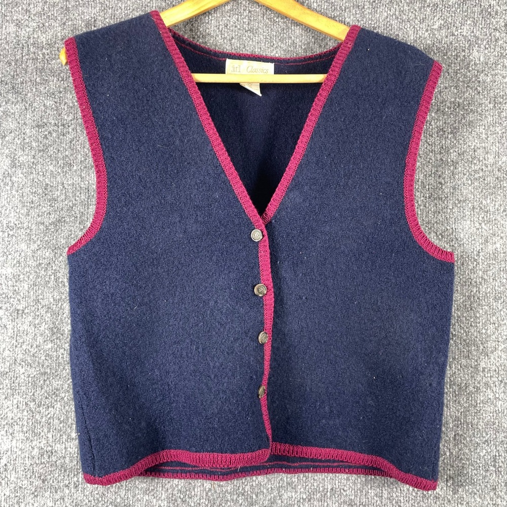 VTG id‎ Classics Sweater Vest Womens Medium Navy Blue Boiled Wool Button Front